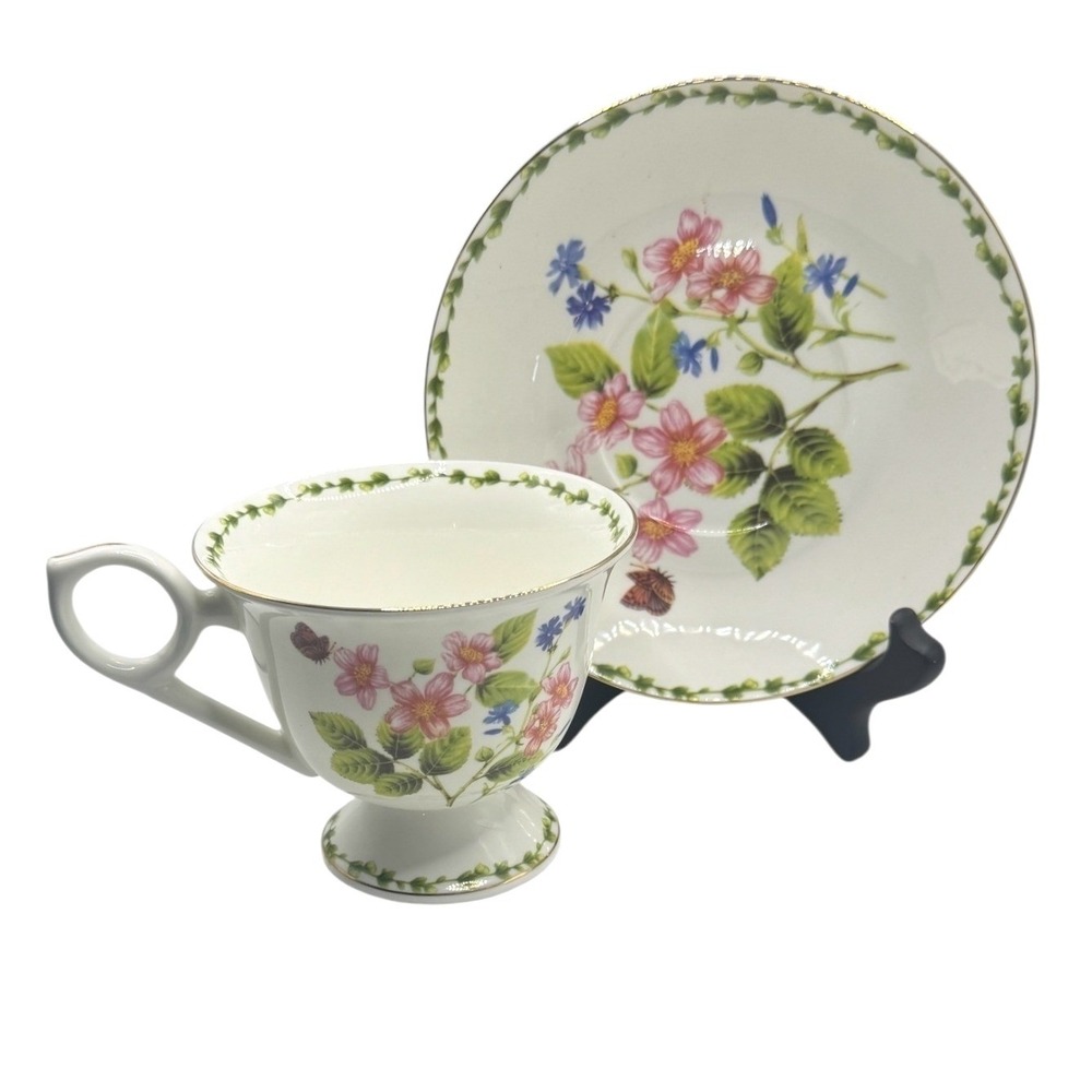 Bella Lux Gracie Bone China Teacup and Saucer Set Floral Butterfly Gold Rim